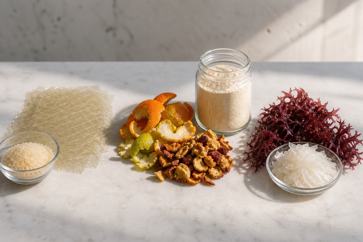 Gelatin sheets and granules, citrus peel with pectin powder, and red seaweed with agar flakes arranged in three groups.