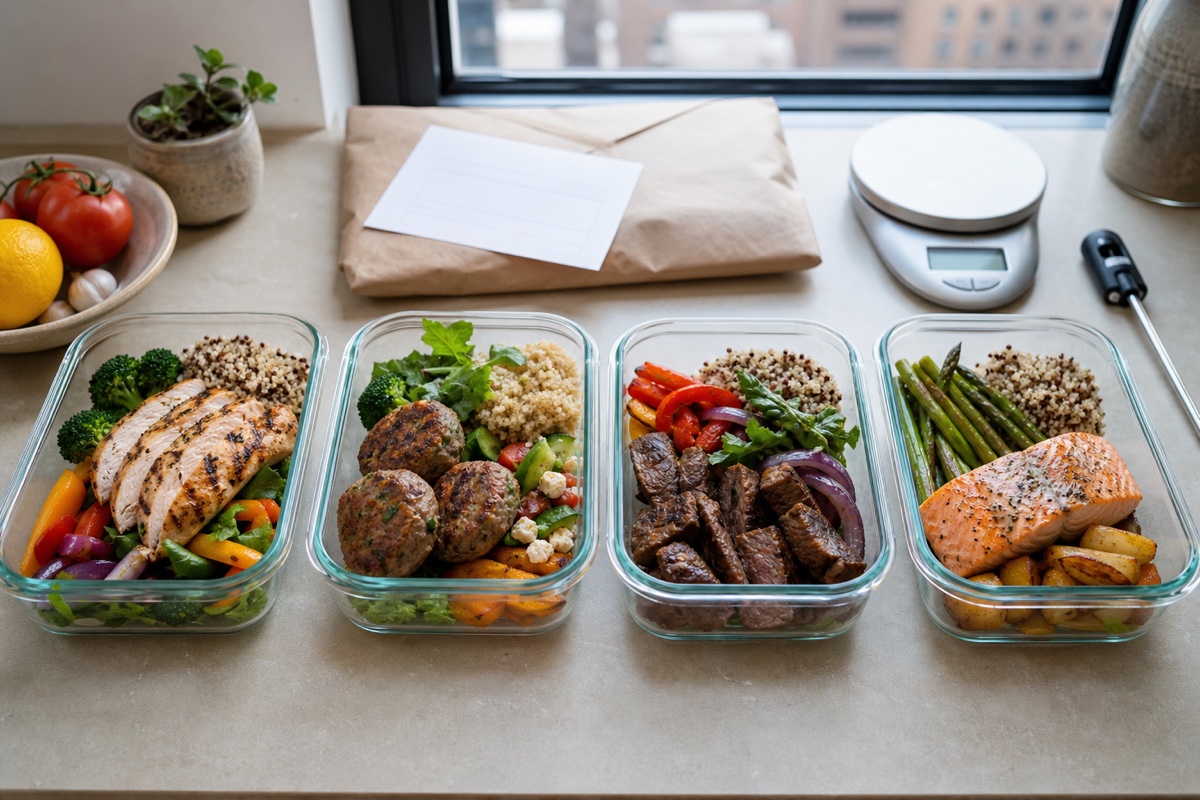 Four glass meal-prep containers with chicken, turkey kofta, lean beef, and salmon beside vegetables and grains.