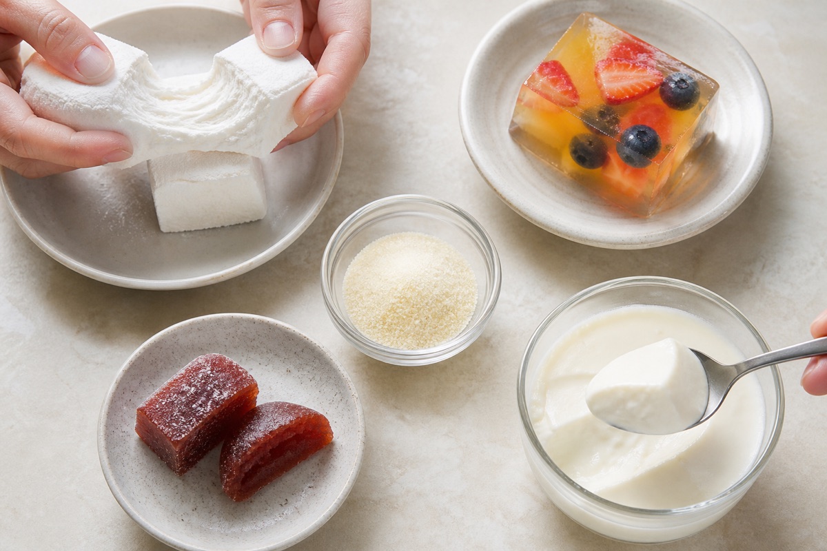 Marshmallow, clear gel dessert, fruit chew, creamy dessert, and gelatin granules arranged to show different snack textures.