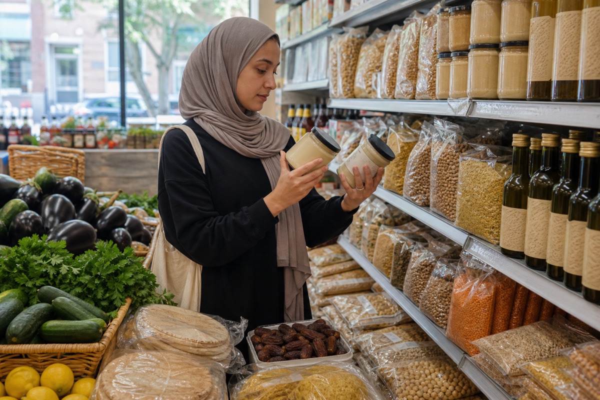 Shopper comparing two pantry jars beside lentils, chickpeas, olive oil, dates, pita, herbs, cucumbers and eggplant in a grocery aisle.