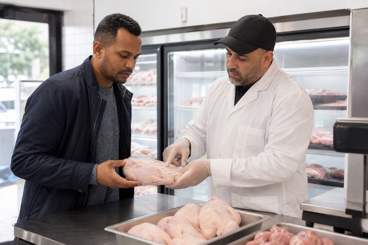 Shopper and butcher examining supplier information on a sealed chicken package at a clean meat counter.