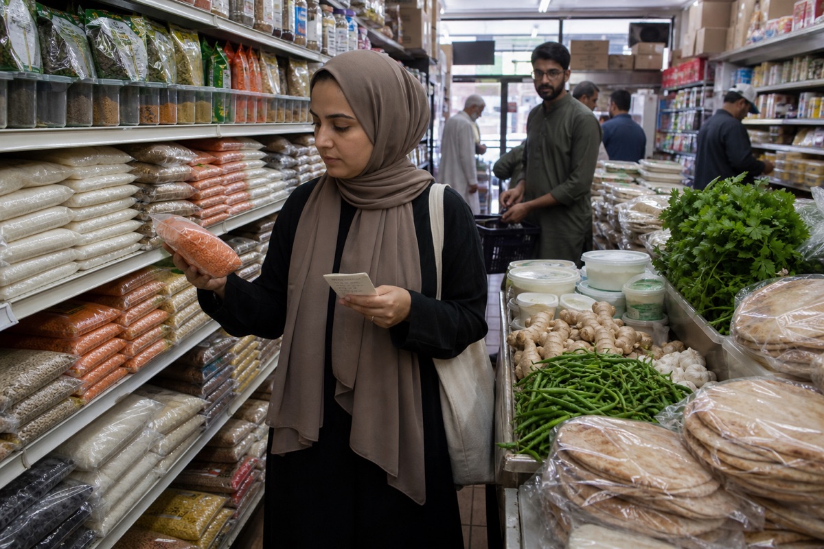 Shopper using a short grocery list beside rice, lentils, ginger, green chiles, cilantro, yogurt and flatbread in a South Asian market aisle.