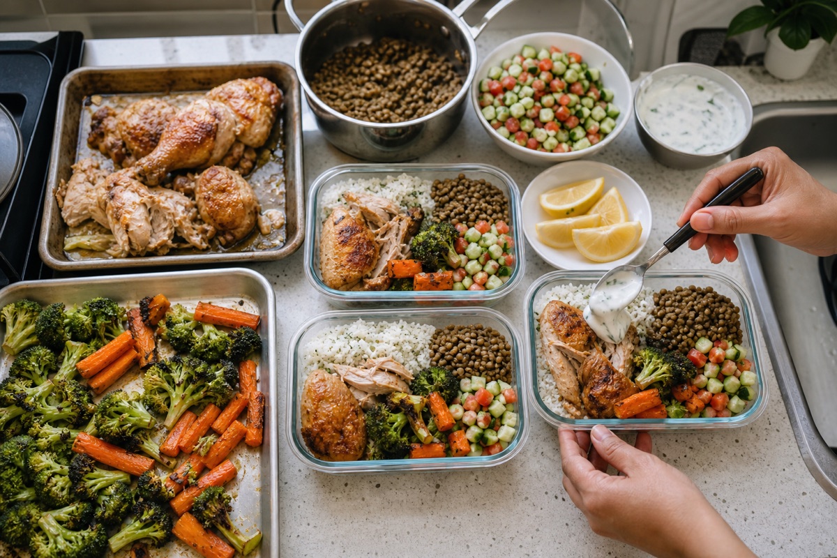 Chicken, lentils, rice, roasted broccoli and carrots, cucumber-tomato salad and yogurt sauce being portioned into glass containers on a compact kitchen counter.
