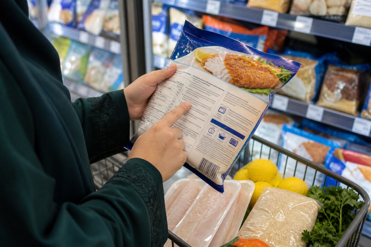 Shopper reviewing the ingredient panel on a frozen breaded fish package in a grocery aisle.