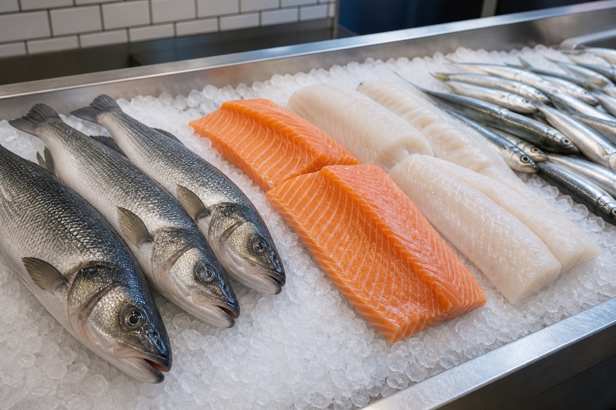 Whole sea bass, salmon fillets, cod fillets, and sardines displayed on ice at a seafood counter.