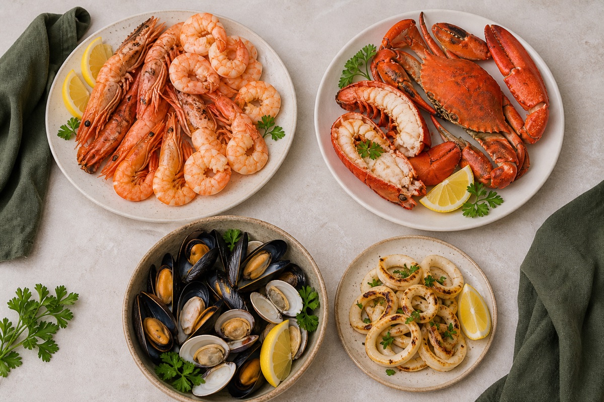 Cooked shrimp, crab and lobster, mussels and clams, and squid arranged on four separate plates.