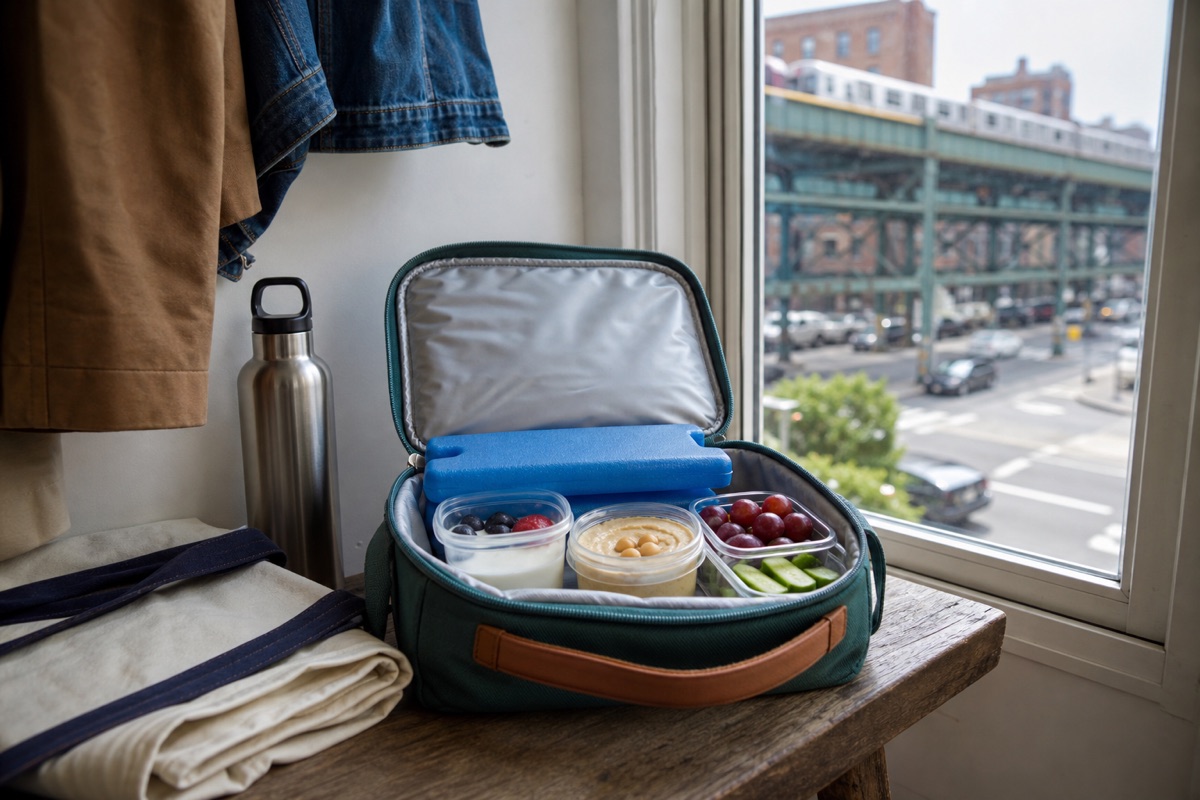Open insulated lunch tote with cold packs, yogurt, hummus, grapes, and cucumber beside a New York apartment window.