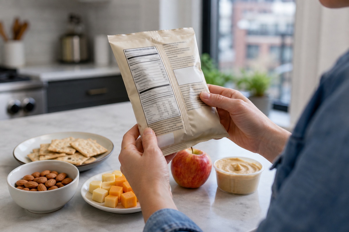Hands reading the back label of an unbranded snack pouch beside almonds, crackers, cheese, an apple, and hummus.