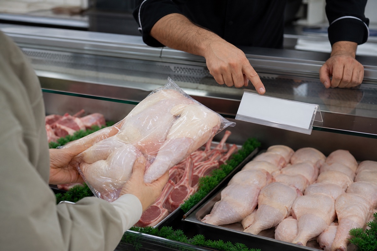 Shopper examining a sealed chicken package while a butcher points to supplier information at a clean meat counter.