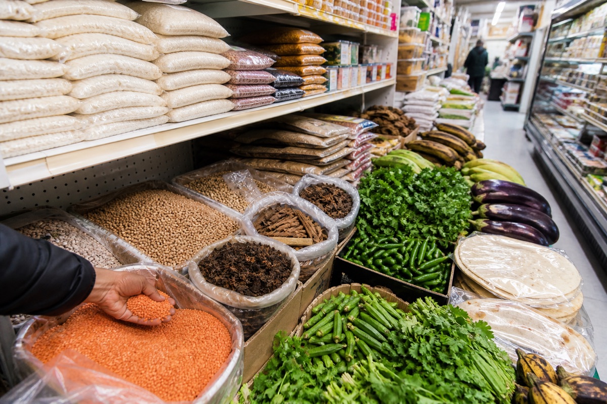 Rice, lentils, whole spices, herbs, green chiles, okra, eggplant, plantains, and flatbread displayed in an international grocery aisle.