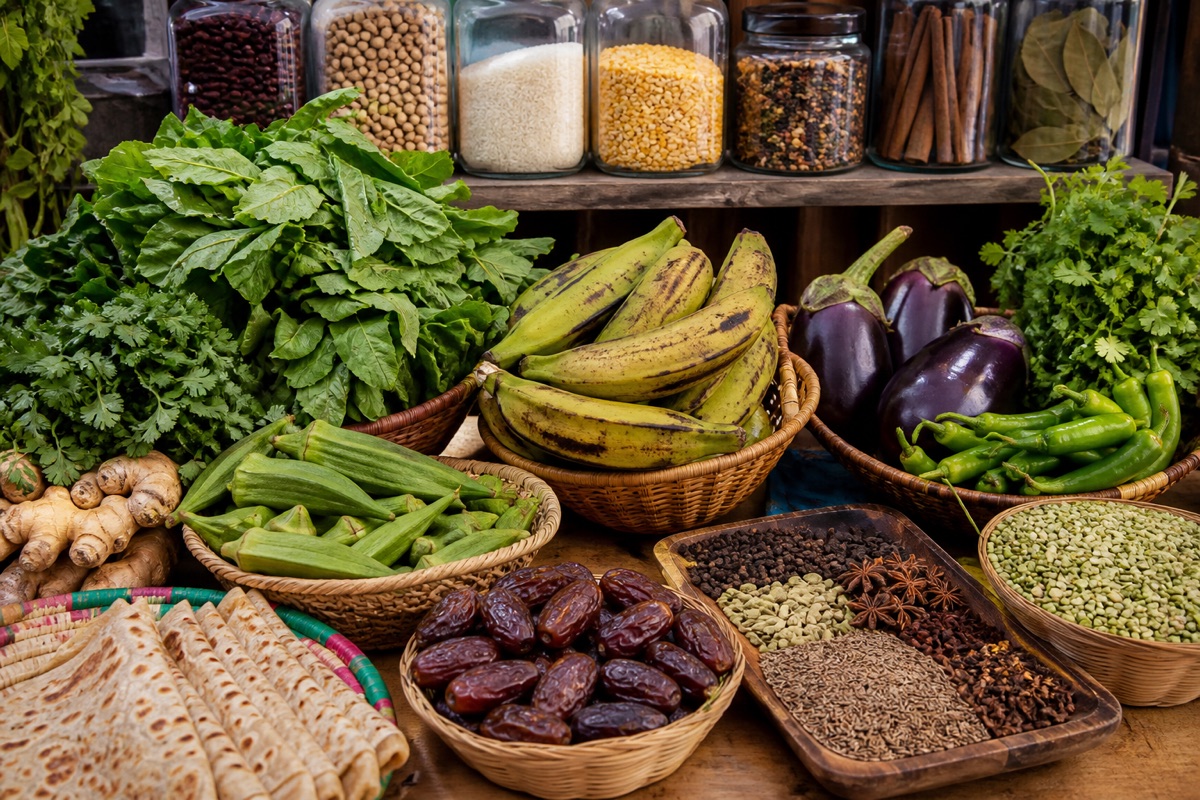 Callaloo-style greens, plantains, okra, eggplant, green chiles, herbs, ginger, dates, rice, legumes, and whole spices arranged at a market.
