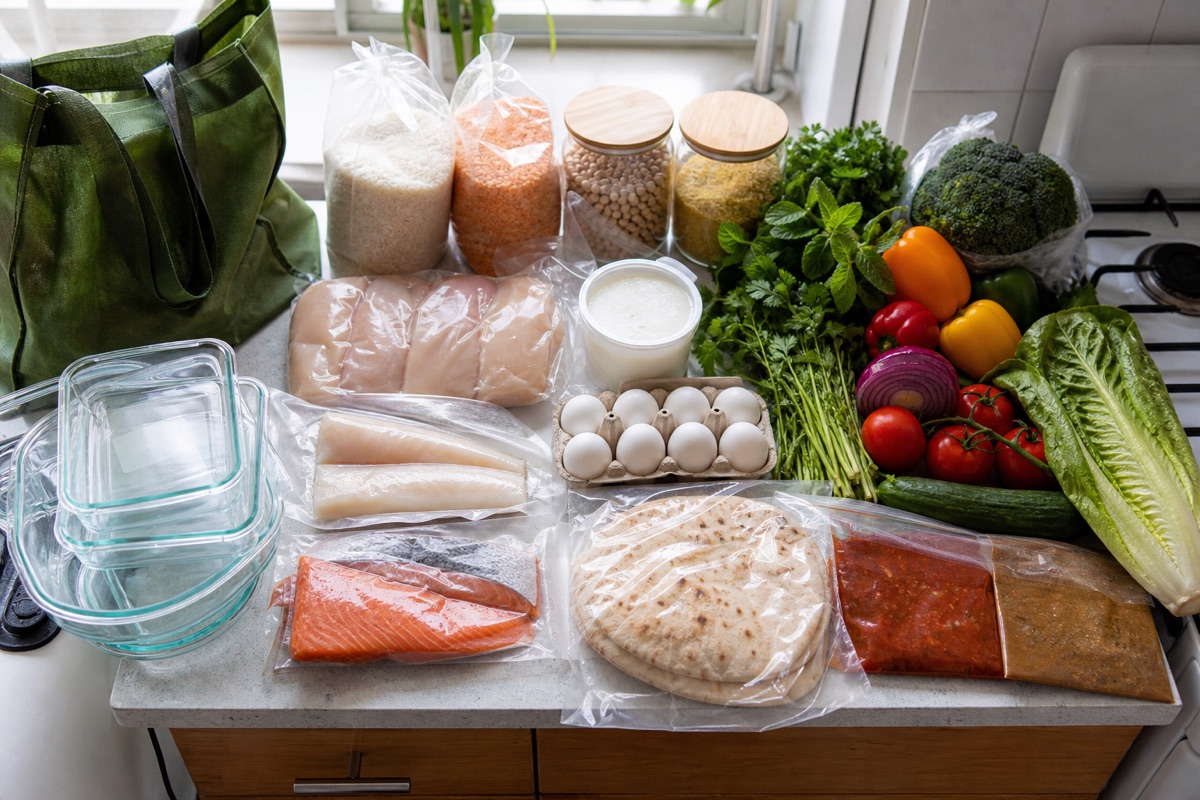 Chicken, fish, eggs, yogurt, rice, lentils, vegetables, herbs, flatbread, sauces, and meal-prep containers organized on a small kitchen counter.