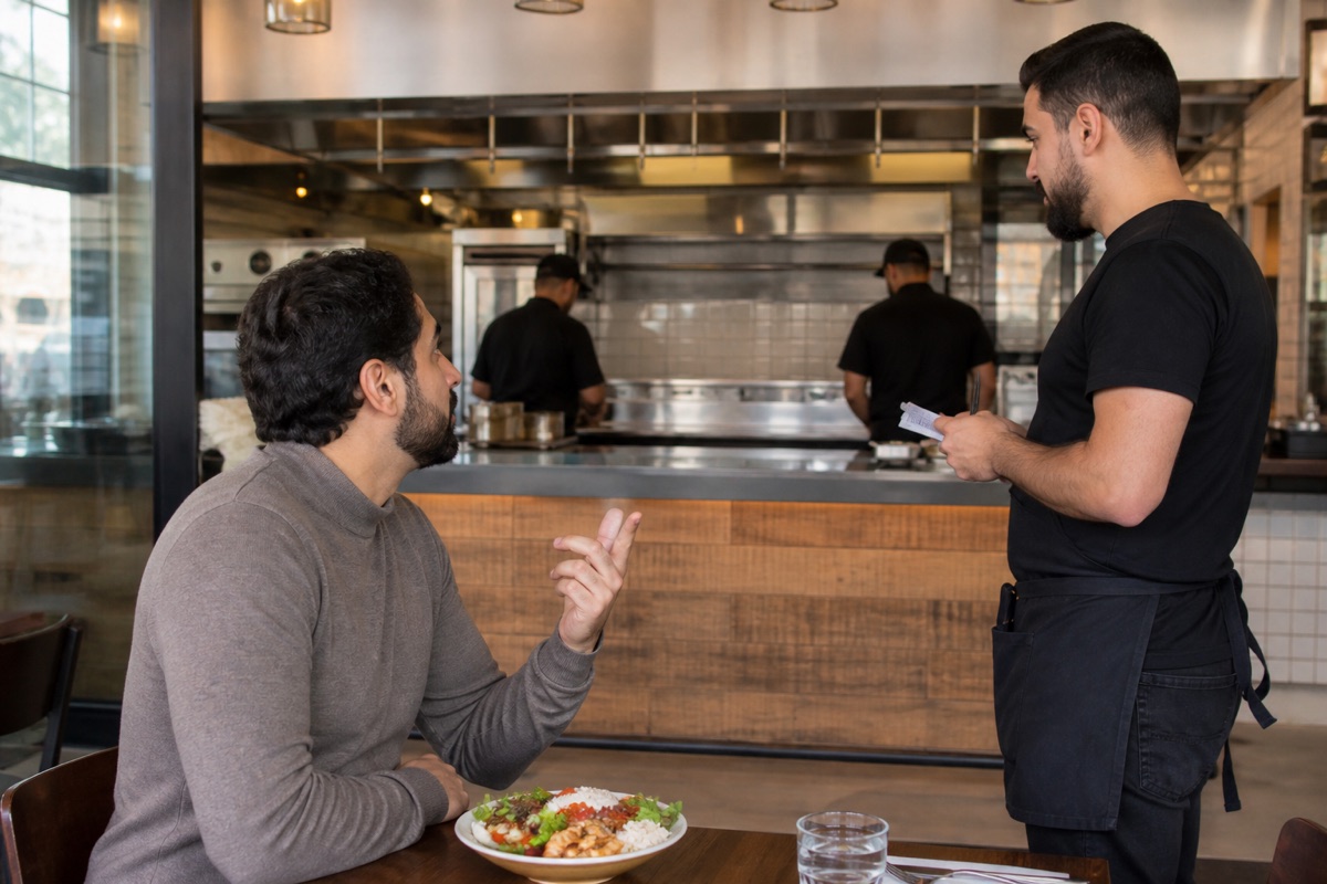 Diner asking a restaurant server about food preparation while an open kitchen is visible behind them.