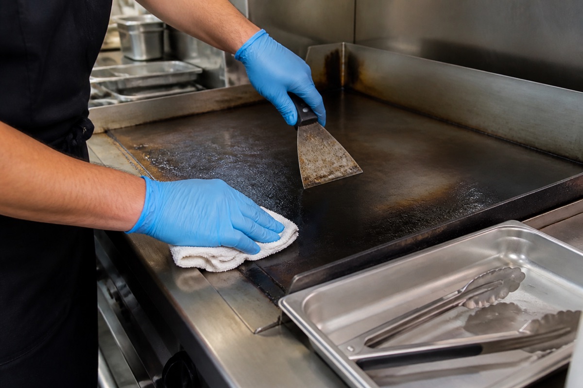 Restaurant worker scraping and wiping an empty flat-top grill with clean metal tongs stored on a separate tray.