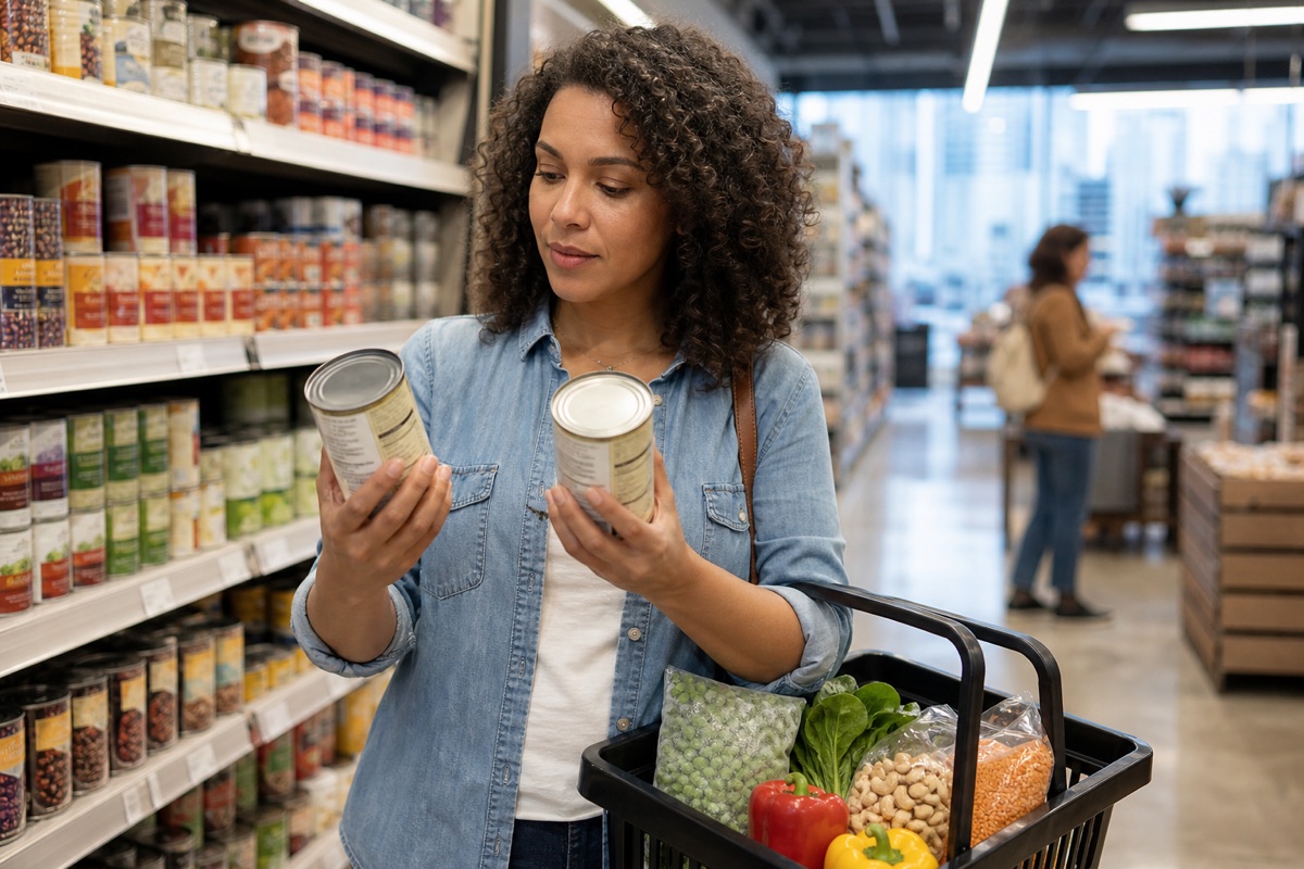 A grocery shopper comparing the Nutrition Facts panels on two unbranded cans.