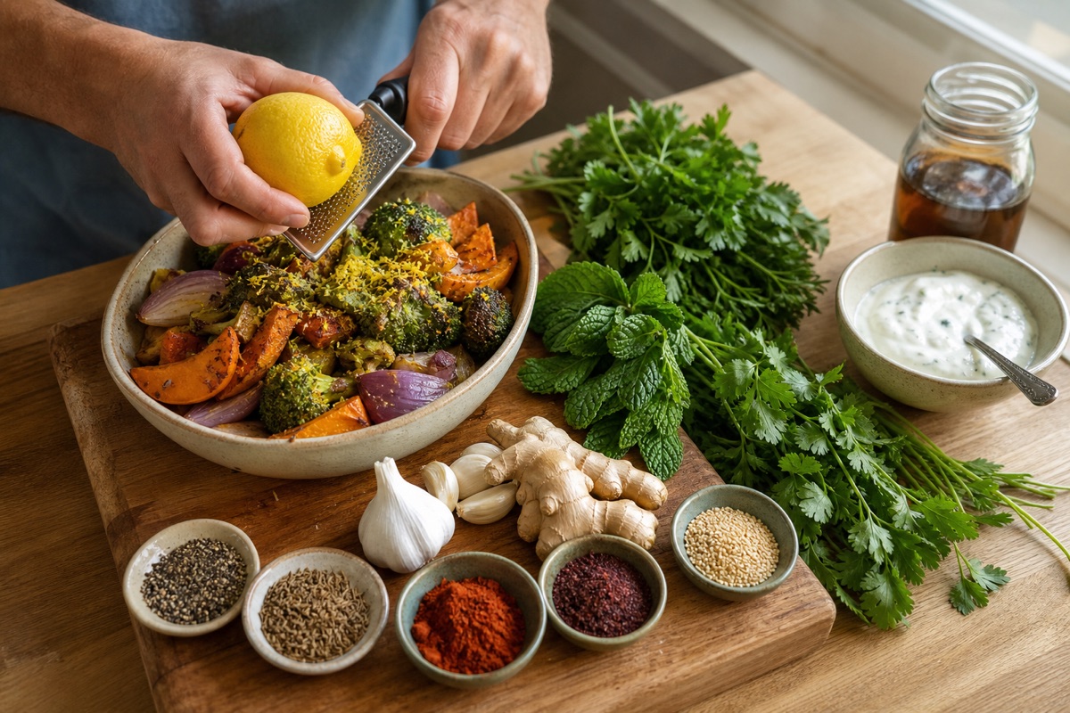Hands zesting lemon over roasted vegetables beside herbs, garlic, spices, and yogurt sauce.