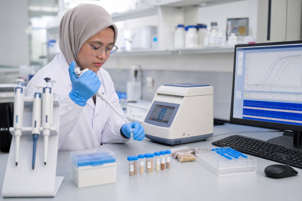Food scientist preparing samples beside a PCR instrument in a laboratory.