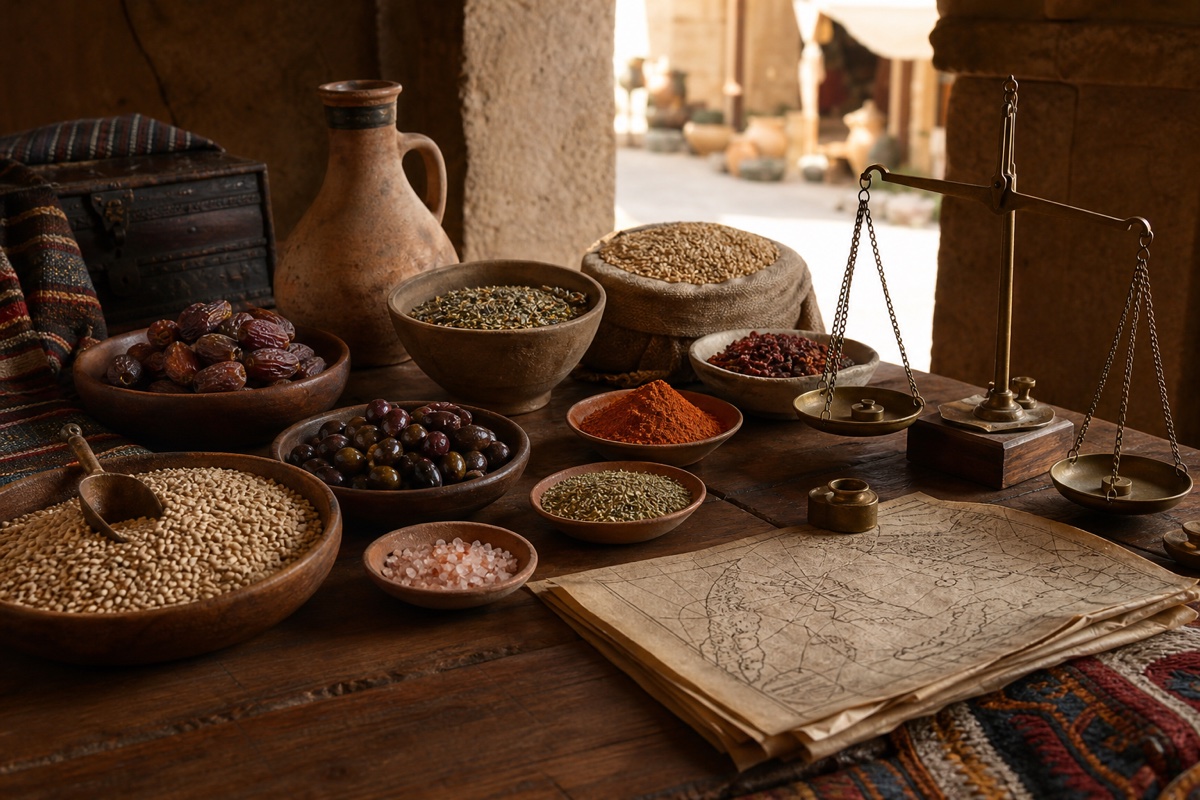 Grains, dates, olives, spices, and a brass scale arranged on a premodern market table.